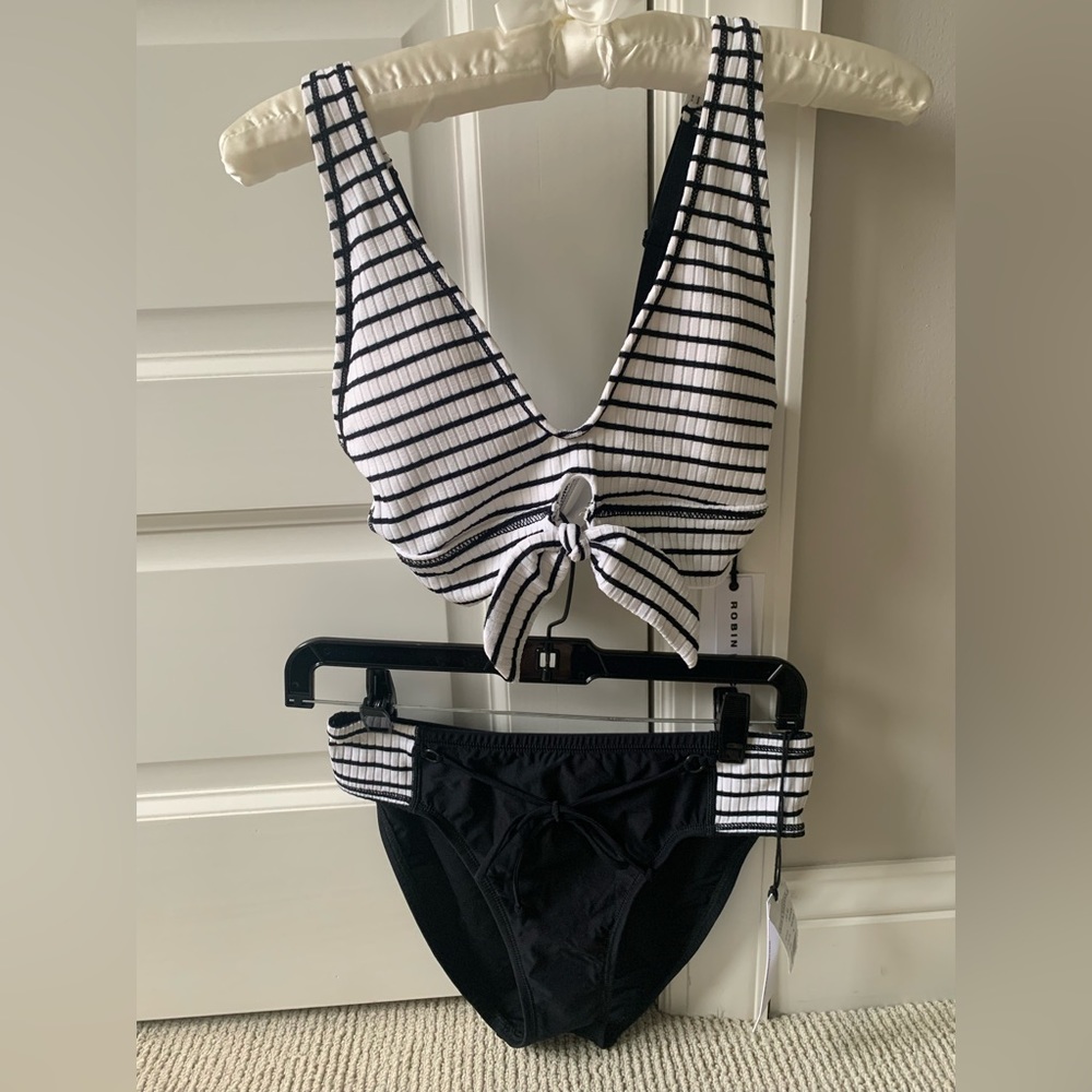 Robin Piccone Black and White Striped Tie-Front Bikini